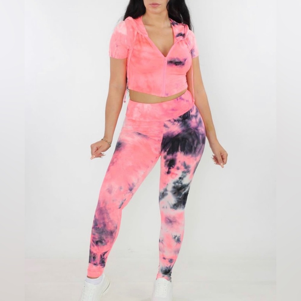 Pink Tye Dye 2 piece pants set with hood